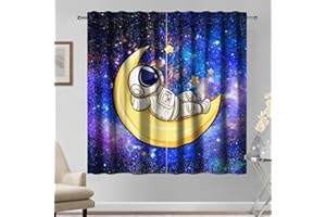 Kzzfqxb 117x138cm Kids Curtains 2 Panels, Purple Blue Universe Galaxy Spaceman Astronaut Sleep in the Moon, Cute Dreamy Cartoon Drapes for Children Boys Girls Bedroom Nursery Living Room