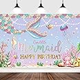 Khazna Happy Birthday Backdrop - Glitter Mermaid Tail, 180x120 cm (71x47 in), Pink Purple Photography Background, Mermaid Birthday Party Decoration Banner for Girls