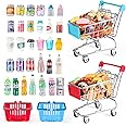 HSJH 134pcs Mini Shopping Cart Basket Miniature Food Drink Bottle Supermarket Metal Handcart Toys Doll House Store Cosplay Game Dollhouse Grocery Fruit Cake Bread Party Trolley Model Dollar Bills