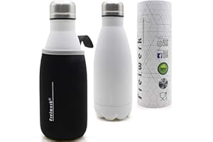 freiwerk® Termos na napoje, izolowany termos ze stali nierdzewnej, podwójne ścianki, neoprenowy pokrowiec ochronny, na kemping, do uprawiania sportu, na rower, na zewnątrz, 350 ml, matowa biel