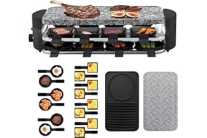 ‎UISEBRT UISEBRT Raclette Grill für 8 Personen,2in1 Raklettgerät mit Reversible Grillpfanne,Stufenlos Regulierbare Temperatur,Antihaftbeschichtung,Stein und Wendegussplatte,Raglettgrill mit 14 Pfännchen,1600W