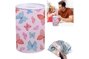 SRV HUB Adorable Pink Money Tin - Butterflies Design Piggy Bank - Cute Table Decor and Coin Storage Jar for Children - Treasure Chest Saving Bank Unbreakable for Girls - Size 14cm