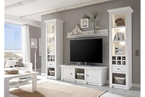 Newfurn Wohnwand Anbauwand Landhaus Wohnzimmerschrank Wohnlandschaft Mediawand Fernsehschrank II 268x207x 17-45 cm (BxHxT) II [Max.one Compact] in Pinie Weiß/Pinie Weiß Wohnzimmer