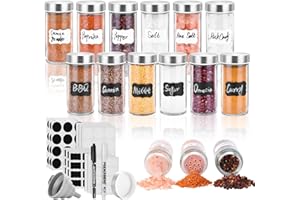 elagel Especieros Para Cocina 100ml,Redondos Tarros de Cristal con Tapa,Botes Para Especias con Tapa de Tornillo de Acero Inoxidable, 12 Botes Especias con Embudo, Etiqueta