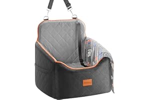 HiPetpy Hunde Autositz –Autositz mit Decke & dickem Kissen für kleine Hunde bis 14 kg/30 lb, Erhöhtes Design mit Sicherheitsleine, rutschfestes Hundebett fürs Auto mit Aufbewahrungstaschen (Grau)