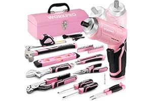 WORKPRO 73-tlg. Werkzeug Set Rosa mit Akkuschrauber klein, pink Metall Werkzeugkoffer gefüllt für Haushalt Reparatur mit Wasserwaage, Wasserpumpenzange, Geschenk für Mutti Heimwerker