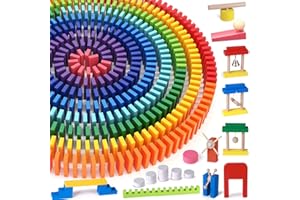 TOYSSA 1000Stk Dominosteine Holz Bunte Domino Spiel mit Zusatzblöcke Anleitung Aufbewahrungstasche Bausätze Holzspielzeug Rennen Spiele Gebäude Blöcke Lernspielzeug Geschenk für Kinder Spielzeug ab 3+ Jahre