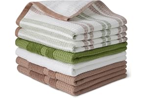 Amazon Basics Paños de Cocina de 100% Algodón Orgánico con Textura de Gofre - Ultraabsorbentes, Secado Rápido, Sin Pelusa, 38 x 64 cm, Pack de 6 (Surtido Verde, Marrón, Blanco)