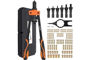 Proster 14" Rivettatrice Professionale a Doppia Impugnatura Kit Pistola a Rivetti con 6pz Mandrini Metrici Intercambiabili e 150pz Rivetti Dadi Filettati M3 M4 M5 M6 M8 M10-Arancione