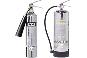 FSS UK Designer Chrome Set Fire Extinguishers. 6 LTR Foam + 2 KG CO2 Fire Extinguishers. CE Marked. Ideal for Homes Kitchen Workplace Offices WORKSHOPS Warehouses GARAGES Hotels Restaurants