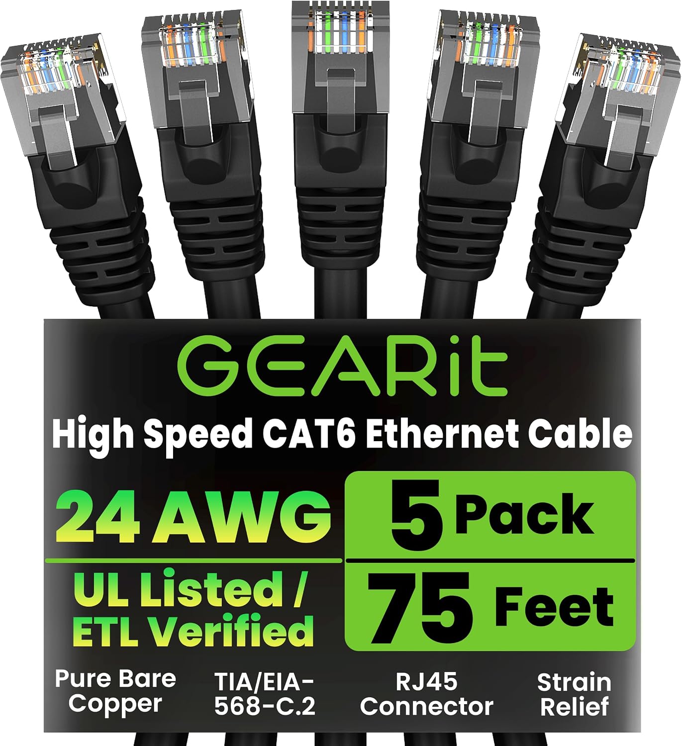 GEARit Cat 6 Ethernet Cable Pack - 5-Pack 75 ft Cat6 Ethernet Patch Cables | RJ45 Network Patch Cable, 10 Gbps Snagless Gold-Plated Connectors - Ethernet Cable Cat 6 for PC, TV, Router - Black