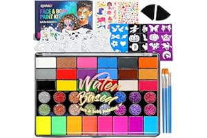 RIHAKO Face Painting Kit for Kids, 42 Colors Professional Face Paint Kit, Body Paint Set with Stencils, Brush, Gems, for Carnival, Halloween, Costume Makeup, Children's Day, Parent-Child Companionship Gifts