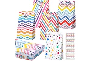 woric 50 sztuk torebek papierowych, 22 x 12 x 7 cm, torebki na prezenty urodzinowe dla dzieci, małe torebki na słodycze z 60 naklejkami, torebki papierowe, kolorowe torebki upominkowe na urodziny