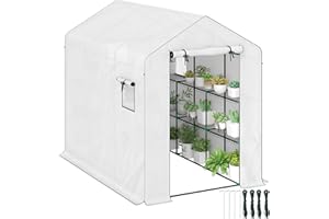 Outsunny Serre de Jardin PE avec étagères 3 Niveaux, Serre d'extérieur avec bâche renforcée Vert 135 g/m² Anti-UV, châssis en Acier, Portes zippées enroulables et fenêtres en Maille, Blanc
