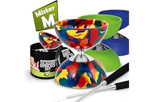 Mister M | Diábolo para Malabares con Varillas de Aluminio | Diábolo de Camuflaje Multicolor con Eje Fijo | Cuerda de Repuesto | con App y Video Tutorial para Aprender el Arte de los Malabares