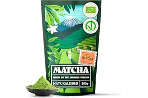 NaturaleBio Thé Matcha Bio Japonais. Premium Qualité. 200 gr. Thé Vert en Poudre. 100% Naturel. Matcha Green Tea Produit au Japon Uji, Kyoto. Idéal à Boire, pour Cuisiner et dans le Lait