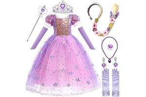 CNEXMIN Fille Robe De Princesse Raiponce Costume De Raiponce Deguisement Raiponce EnfantAvec 8 Accessoires Rapunzel Robe Anniversaire FêTe Halloween NoëL Partie Carnaval Cosplay Robe De Soirée 2-12 Ans
