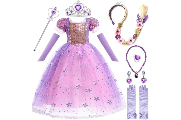 Cnexmin Fille Robe De Princesse costumes de princesse Avec 8 Accessoires Déguisement Anniversaire FêTe Halloween NoëL Partie Carnaval Cosplay Robe De Soirée 2-12 Ans