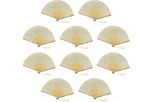 FANSOF.FANS Paquete de 10 abanicos de mano de tela con borla de bambú de grado A, para recuerdos de fiesta o boda (marfil beige)