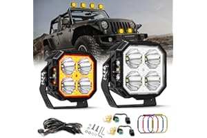 Braveway 3 Pouces Phare De Travail LED Carré avec Éclairage Latéral, 2PCS 70W 15000LM Longue Portée LED, 270 °Pods Flood Beam Projecteur Beam，Blanc Ambre pour Trucks Pickup Voiture Tracteur Moto