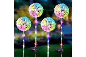 CUQOO Solar Garden Lights – 4 Pack Colour-Changing Dandelion LED Stake Lights with 2 Modes, Waterproof Outdoor Decoration for Pathways, Patios, Christmas & Festivals