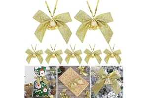 ZECOUK Lazos Arbol Navidad, Lazo Navidad con Campana Decoracion 12 Piezas Lazos Decoracion para árboles de Navidad, Coronas, Decoración de Regalos (Dorado)