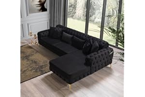 HOMEOLOGY SOFA DIRECT Snooze Luxury Chesterfield Seater Plush Velvet L-Shaped Corner Sofa – Deep Button-Tufted Design with Elegant Gold Metal Legs – Chaise Lounge Couch (Black Plush, 5 Seater (Right Hand side))