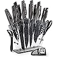 nuovva Professional Kitchen Knife Set with Block - Granite 17 Pcs with Knives Sharpener Peeler and Scissors - Clear Acrylic Block High Carbon Stainless Steel Blades Wood Affect Handle
