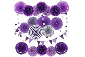 Zerodeco Party Decoration, 21 Pcs Purple and Lavender Hanging Paper Fans, Pom Poms Flowers, Garlands String Polka Dot and Triangle Bunting Flag for Birthday Party, Baby Showers, Wedding, Mermaid Party