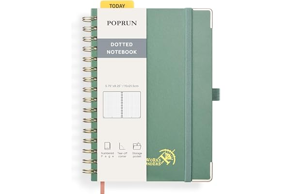POPRUN Cuaderno de Notas con Espiral, Dotted Pages, Tamaño A5, Papel Grueso de 120 GSM, 141 Páginas Numeradas, con Bolsillo, Pestañas de Indice, 8 Hojas Perforadas, Verde Medianoche
