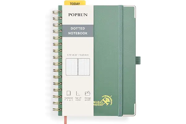 POPRUN Cuaderno de Notas con Espiral, Dotted Pages, Tamaño A5, Papel Grueso de 120 GSM, 141 Páginas Numeradas, con Bolsillo, Pestañas de Indice, 8 Hojas Perforadas, Verde Medianoche