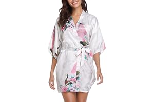 Vlazom Women Kimono Robes Satin Dressing Gown Peacock and Blossoms Sleep Lounge Nightwear Short Silk Bride Bridesmaid Robe