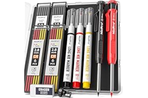 Nicpro 2 pezzi CP1000 matita carpentiere con temperino, portamine da carpentiere con 26 ricariche, pennarelli a punta lunga per fori profondi, matita per lavori di falegnameria ad alta resistenza