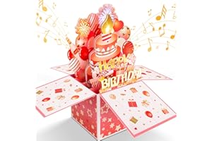 FITMITE Birthday Cards, LIGHTS & MUSIC Happy Birthday Cards with Blowable Candle, 3D Pop Up Cake Musical Birthday Cards Gifts for Women & Men, Mom & Dad, Wife, Sister, Kids, Friends (Pink)