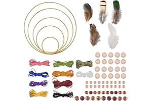 iDMRURvm Traumfänger Bastelset Traumfänger Bastelset mit 5 Stück Metall Traumfänger Kreis 10 Stück 3 mm Lederschnur 50 Stück Federn 60 Stück Gemischten Holzperlen für DIY Handwerk Traumfänger Stricken