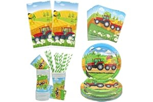 LILWEMEN Traktor-Partei-Dekorationen - Traktor-Farm-Geburtstags-Party-Teller-Geschirr, Einschließlich Traktor-Teller, Tassen, Servietten, Tischtuch, Stroh Für Traktor Themed Birthday Party Supplies, Dient 40