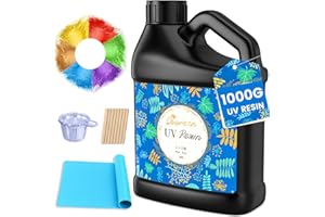 Bsrezn 1000g Resina UV Trasparente in Bulk, Cristallina, Grande, Premiscelata, Resina UV, Colla Attivata Solare per Creazione di Gioielli, Indurimento Rapido 1KG con 6 Colori di Polvere di Mica