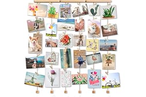 Love-KANKEI Wall Hanging Picture Photo Frames 26 by 29 Inch with 30 Wooden Clips - Wire Artworks Prints Cards Holder Organizer Collage Multi Picture Photo Display FAMILY Frame