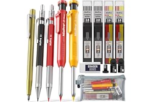 Nicpro Lot de 5 crayons de charpentier avec 76 recharges, outil à tracer coloré à trou profond, marqueur avec recharges de plomb, taille-crayon et gommes pour architecte de dessin de construction