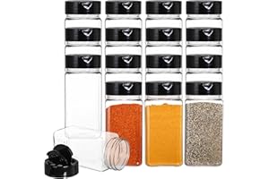 Bekith 16 Pack Plastic Spice Jars Bottles for Storing Spice, Herbs and Powders - 250ml BPA Free Plastic Spice Containers with Black Flip Top Cap to Pour or Shaker/Sifter