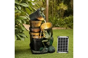BUMILGAR Solar Springbrunnen für Außen,3-stufiger Kaskaden-Frosch Kaskaden Solar Springbrunnen Gartenbrunnen mit LED-Beleuchtung für Drinnen und Draußen,Garten,Balkon,Terrasse,69×36.5×40cm