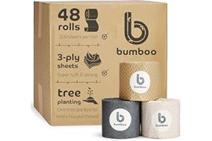 Bumboo Essentials Toilet Roll 48 Pack | Essentials Wrapped Toilet Paper 3 ply, 300 Sheets | Plastic-Free, Soft, Strong, Eco-Friendly & Biodegradable Toilet Tissue