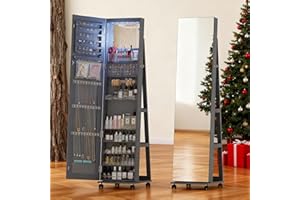 Gurexl 360° Swivel Jewelry Cabinet Standing Mirror with LED, Full Length Mirror with Jewelry Storage, Lockable Floor Standing Mirrors with 4 Lockable Wheels for Cloakroom, Bedroom(Grey)