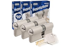 GERCAR Pro Lot de 3 cylindres de serrure profilés, 40/50, massifs, à fermeture identique, double cylindre, serrure à cylindre, laiton mat, avec 10 clés, Clé réversible, Longueur : 90 mm, A : 40 B :