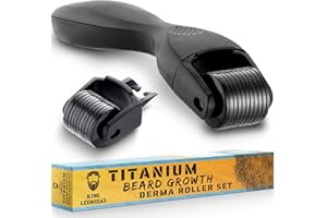 King Leonidas Beard Derma Roller for Men w/ 2 Replacement Heads, 0.30mm Precision Micro-Needling Roller for Ultimate Beard Growth, Advanced Titanium Mico-Needles for Facial Hair & Thicker Beard