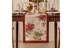 Softalker Camino de Mesa de Navidad con Flores Rojas y Campanas Doradas,Moderno Satinado Camino de Mesa Elegante para Exteriores,cumpleaños,año Nuevo Fiestas y Uso Diario,Lavable,máquina,40x240 cm