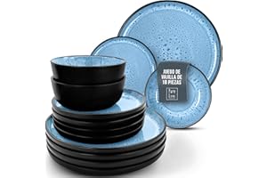 PURE LIVING INTERIOR DESIGN Juego de Vajilla de Steingut Ibiza para 6 Personas - 18 Piezas, Set de Vajilla para Lavavajillas y Microondas - Moderno Juego de Platos - Servicio de Pure Living en Negro y Azul Profundo