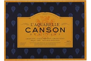 Canson Heritage, Papel de acuarela, Prensado en frío, 300g, Block pegado a 4 lados, 26x36cm, Blanco, 20 hojas