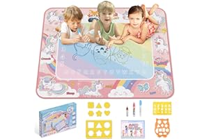 Lahrma Water Doodle Mat Kids Toys 100×80cm, Large Aqua Magic Doodle Water Mat with 3 Doodle Pens and 3 Drawing Templates, Reusable Water Drawing Mat for 4-6 Years Old Boys&Girls, Unicorn