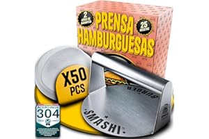 SMASHI BURGER SMASHI® Smasher para Smash Burger en Acero Inoxidable 304 | Prensa de Hamburguesas + 50 Papeles Antiadherentes | Herramienta Profesional para Aplastar Hamburguesas Estilo Smash